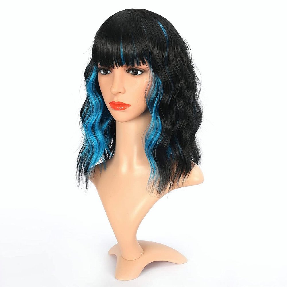 Black Short Wavy Wig with Bangs Women's Shoulder Length Bob Wig Highlight with B